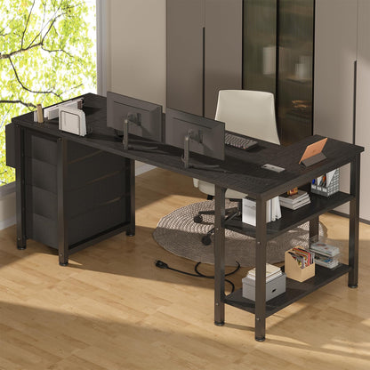 Lufeiya L Shaped Gaming Desk with Drawers & Storage Shelves, 55 Inch Corner Computer Desk with Power Outlet for Home Office Bedroom, L-Shaped Teen PC Desks with Fabric Drawer, Black