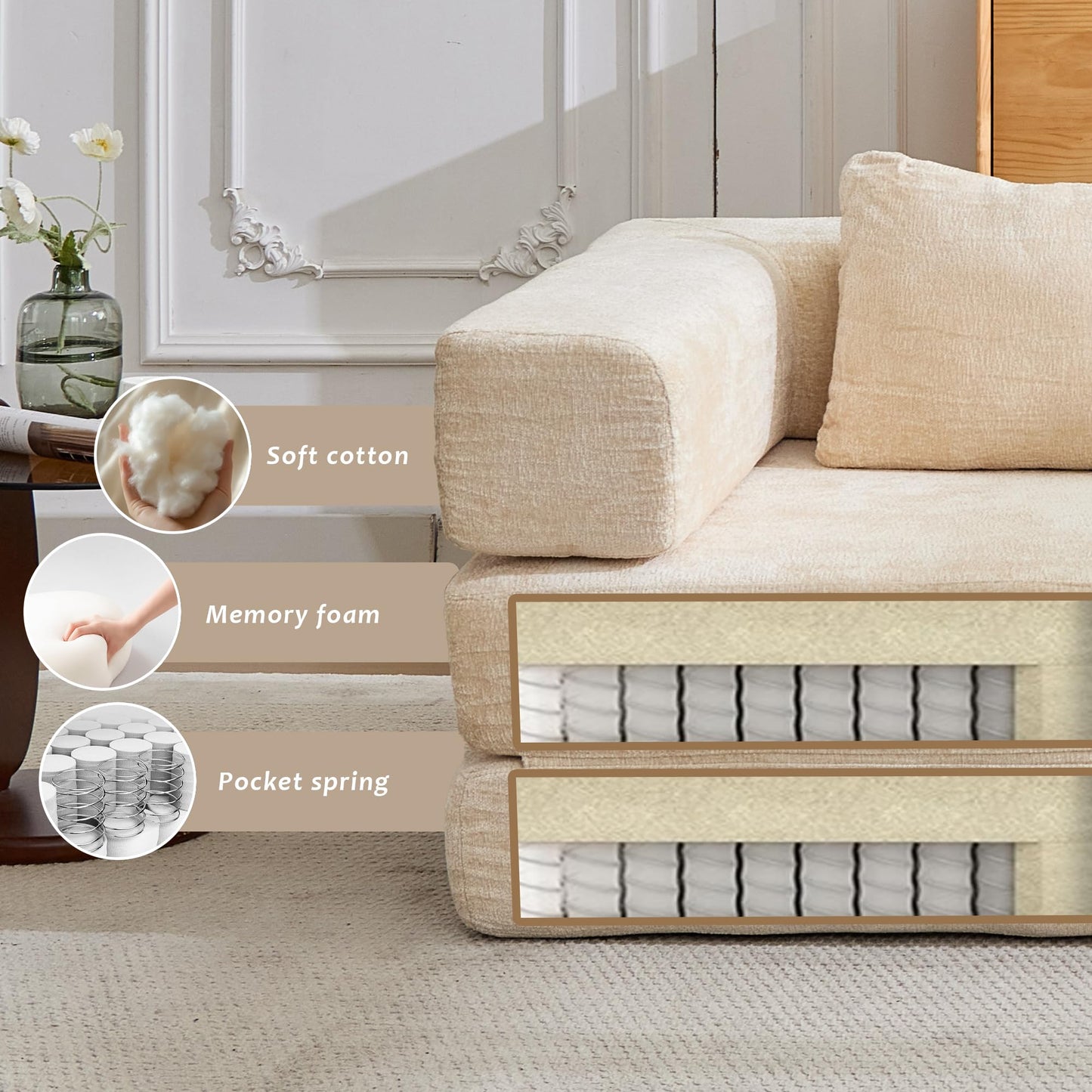 KEIKI Convertible Floor Sofa Bed with Fixed-Shape Frame, Single Seater Boneless Modular Sectional Sofa, No Assembly Required, Compressed Sleeper Couch for Living Room Bedroom, Lounge, Beige