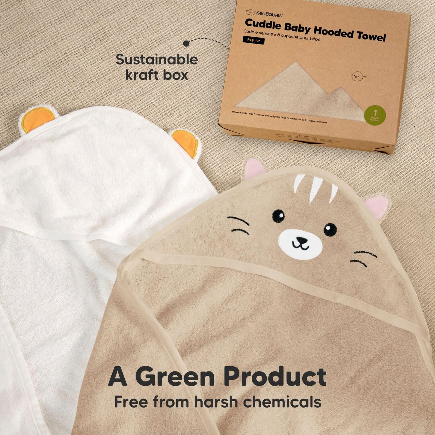 KeaBabies Hooded Baby Towel for Newborn - Viscose Derived from Bamboo Large Baby Bath Towels with Hood for Boys, Girls, Toddler, Extra Absorbent & Soft Newborn Bath Essentials (Cat)