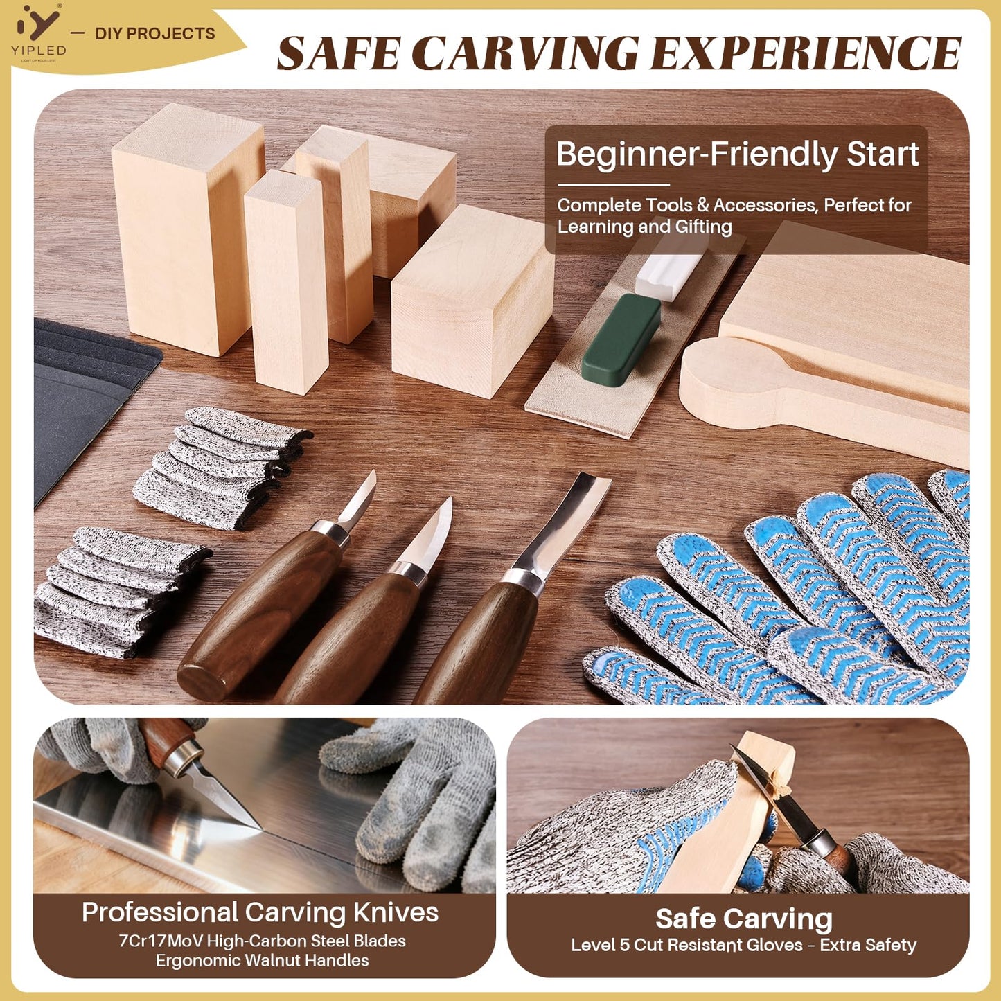 Wood Carving Kit for Beginners, Wood Carving Tools with 3Pcs Whittling Knife 7Pcs Basswood Carving Blocks, Grade 5 Anti Cutting Gloves, Leather Strop, Polishing Compound, Entry-Level Carving Gift Set