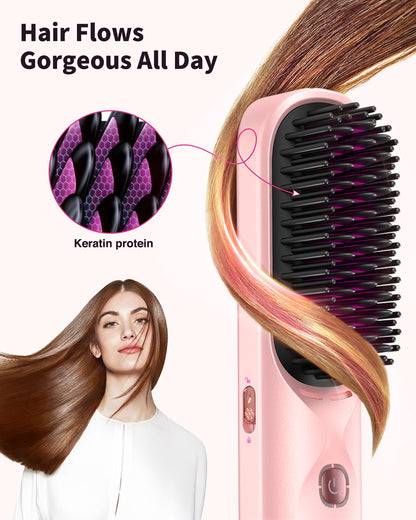 Cordless Hair Straightener Brush - Portable Hair Brush for Travel - 30s Fast Heating - 300 Million Negative Ions for Frizz-Free Shine,Touch Up On-The-Go,Gift for Women,10000mAh