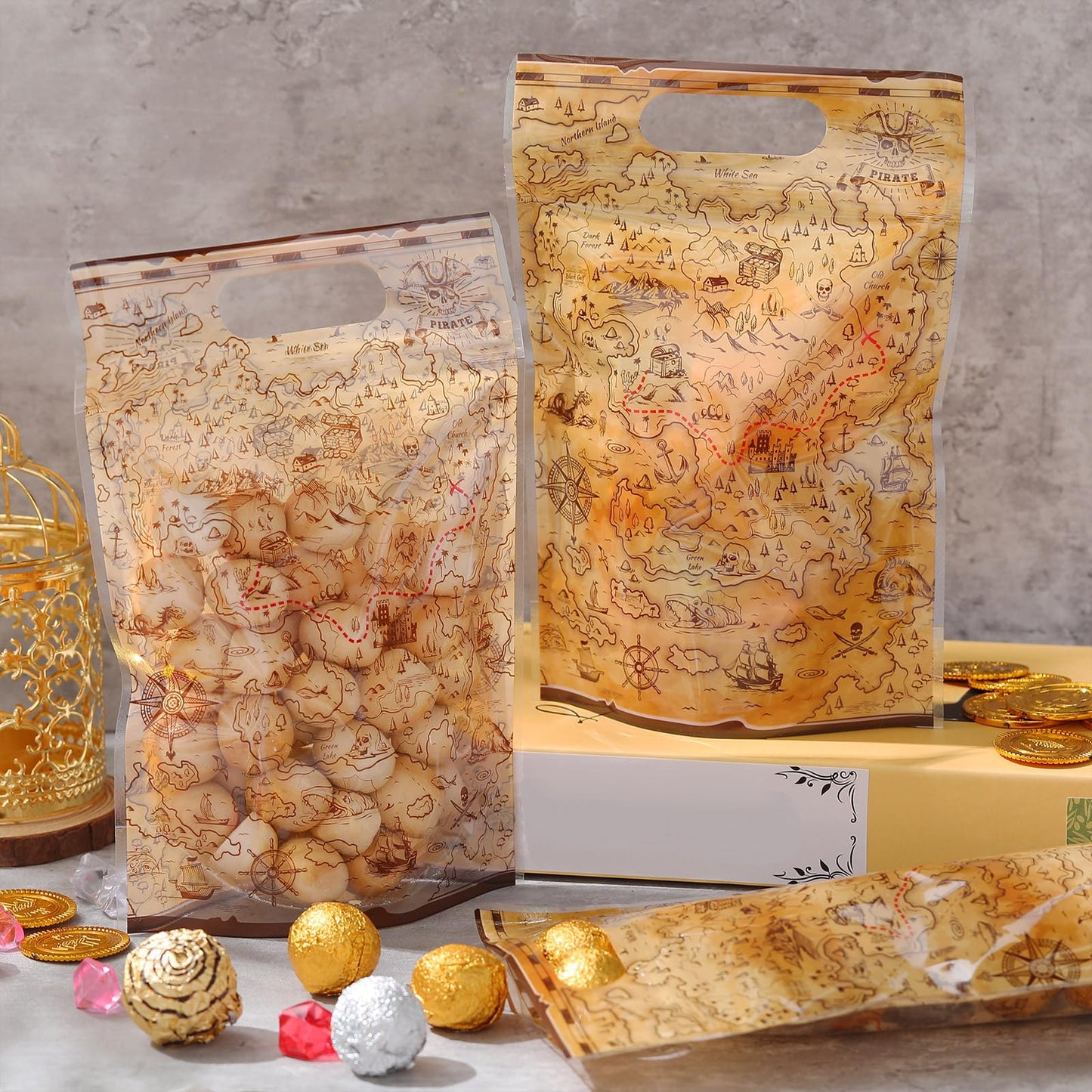 Teenyyou 60 Pcs Pirate Goodie Bags Plastic Treasure Map Gift Bags Pirate Booty Candy Treat Handbags for Treasure Hunt Nautical Themed Halloween Birthday Party Favors Supplies