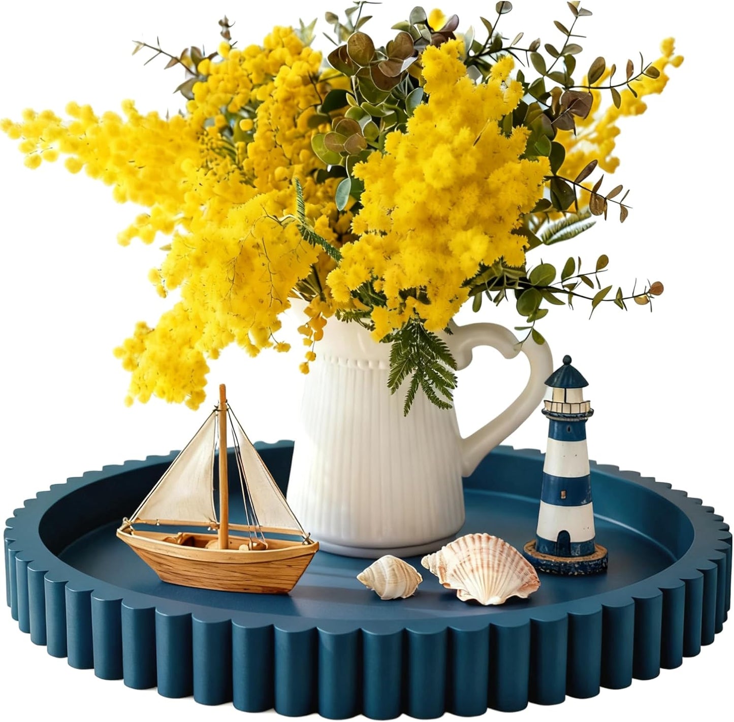 12in Handmade Decorative Tray for Coffee Table Tray Decor, Blue Wooden Decorative Round Tray for Kitchen, Living Room
