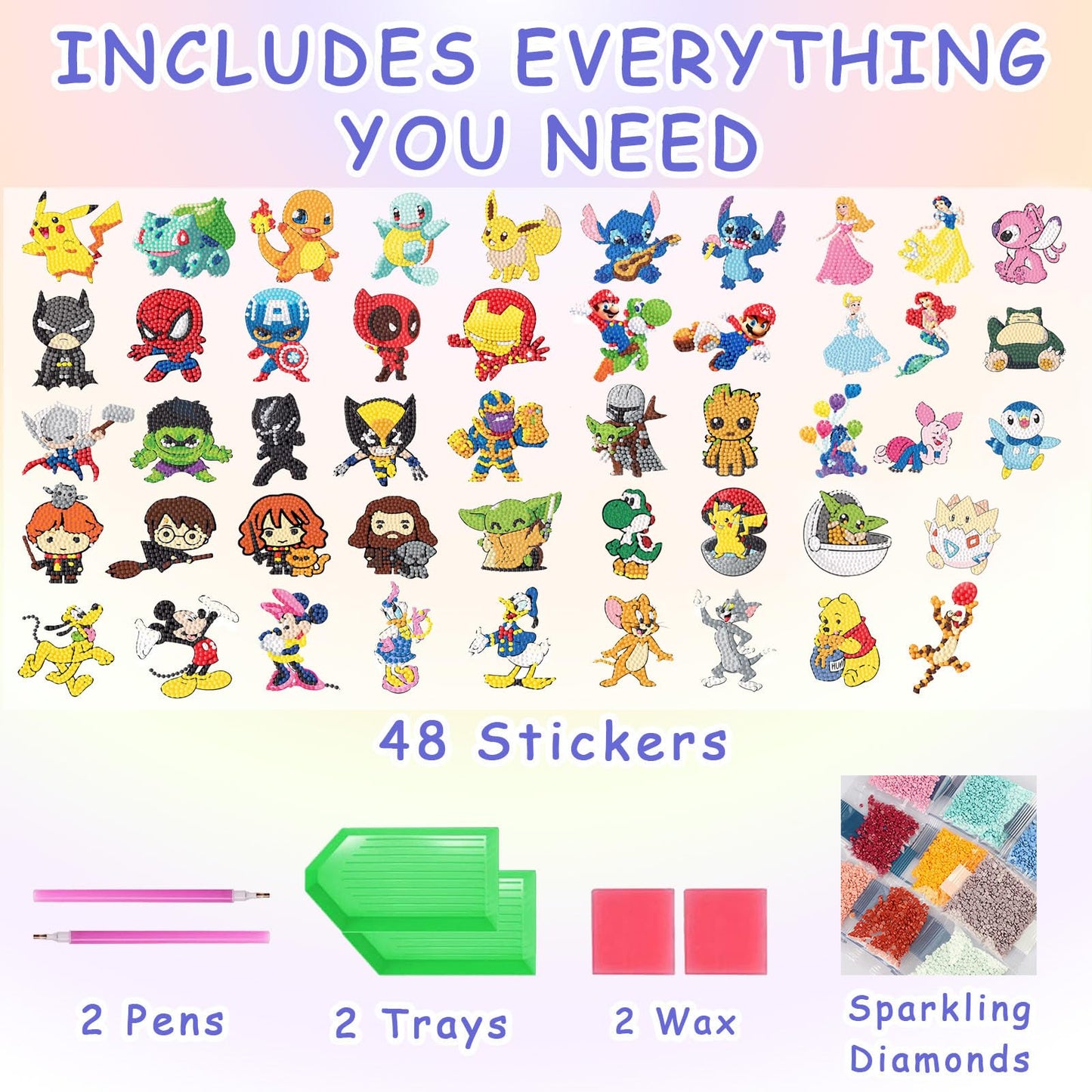 KOJEFCV 48 Pcs Cartoon Diamond Art Painting Sticker Kits for Kids-Cartoon Diamond Gem Stickers Kit,5D Gem Art Stickers Mosaic for Kids Gift for Boys Girls 4-8-10-12 Years Old