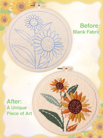 Punch Needle Kit Adults Beginner - Step-by-Step Video & Guide, Includes Hoop/Needle/Yarns/Punch Needle Fabric with Pattern, Spring Embroidery Craft Gifts for Women, Sunflower