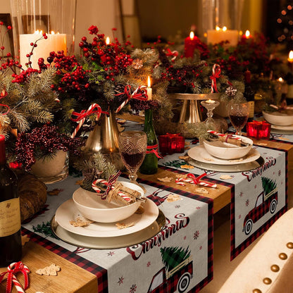 Christmas Truck Cotton Linen Table Runners, 90 Inches Long, Red Buffalo Plaid Non-Slip Burlap for Holiday Decor