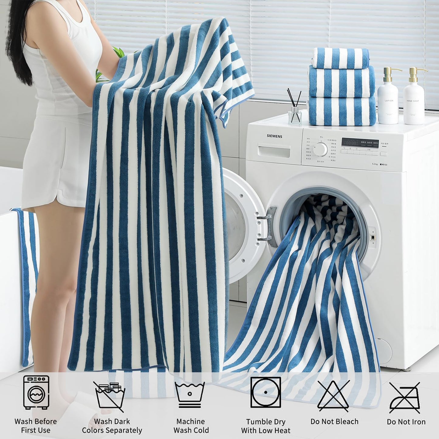18 Set Loop-6 Towels,6 Towels,6 Set Pcs Navy Stripe Bath Towel with Hanging Bath Hand Washcloths Soft Family Towels