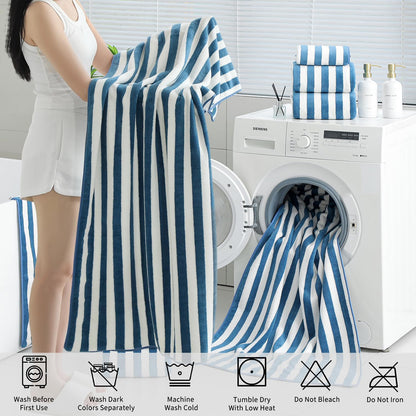 18 Set Loop-6 Towels,6 Towels,6 Set Pcs Navy Stripe Bath Towel with Hanging Bath Hand Washcloths Soft Family Towels