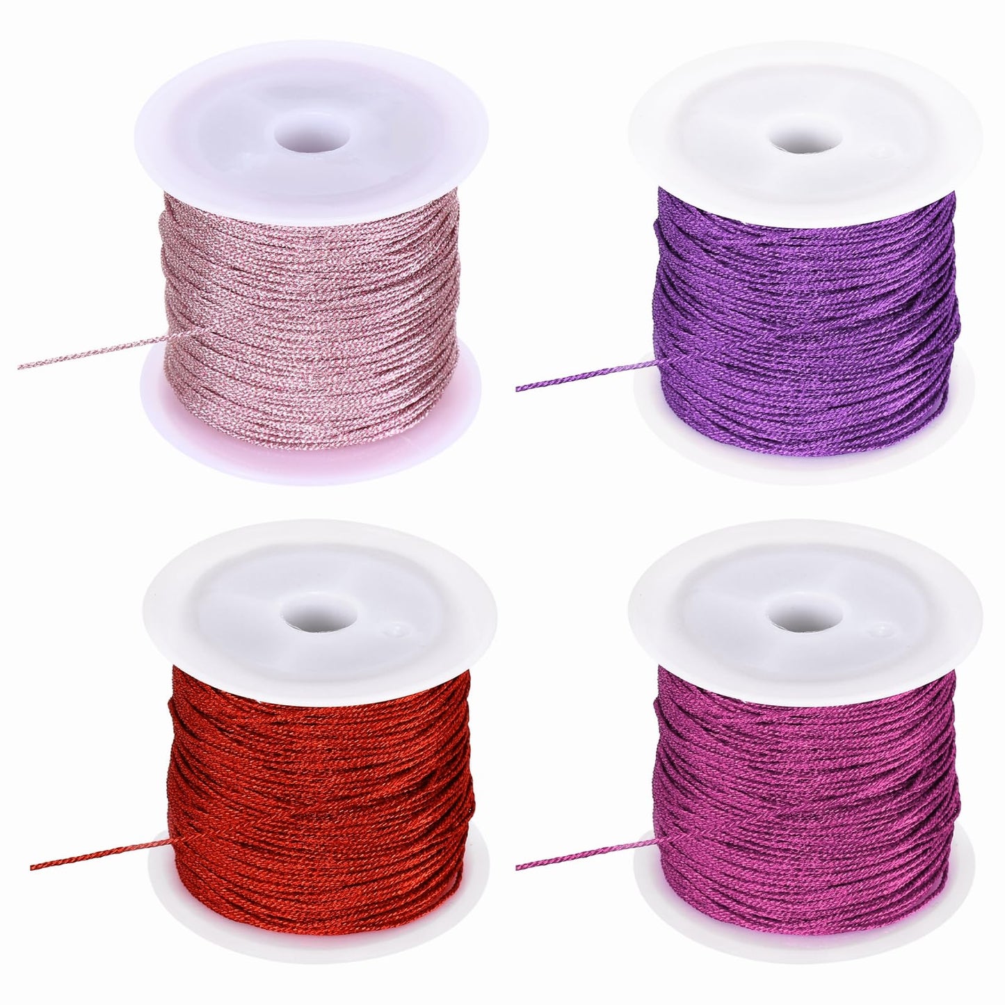 HARFINGTON 4 Roll 0.8mm Metallic Cords Thread,12 Ply Metallic Ornament Twine Non Stretch Tinsel String Rope for Jewelry Making Gift Wrapping, Pink/Purple/Red/Rose Red, 109.36Yards Total