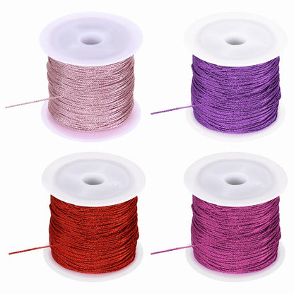 HARFINGTON 4 Roll 0.8mm Metallic Cords Thread,12 Ply Metallic Ornament Twine Non Stretch Tinsel String Rope for Jewelry Making Gift Wrapping, Pink/Purple/Red/Rose Red, 109.36Yards Total
