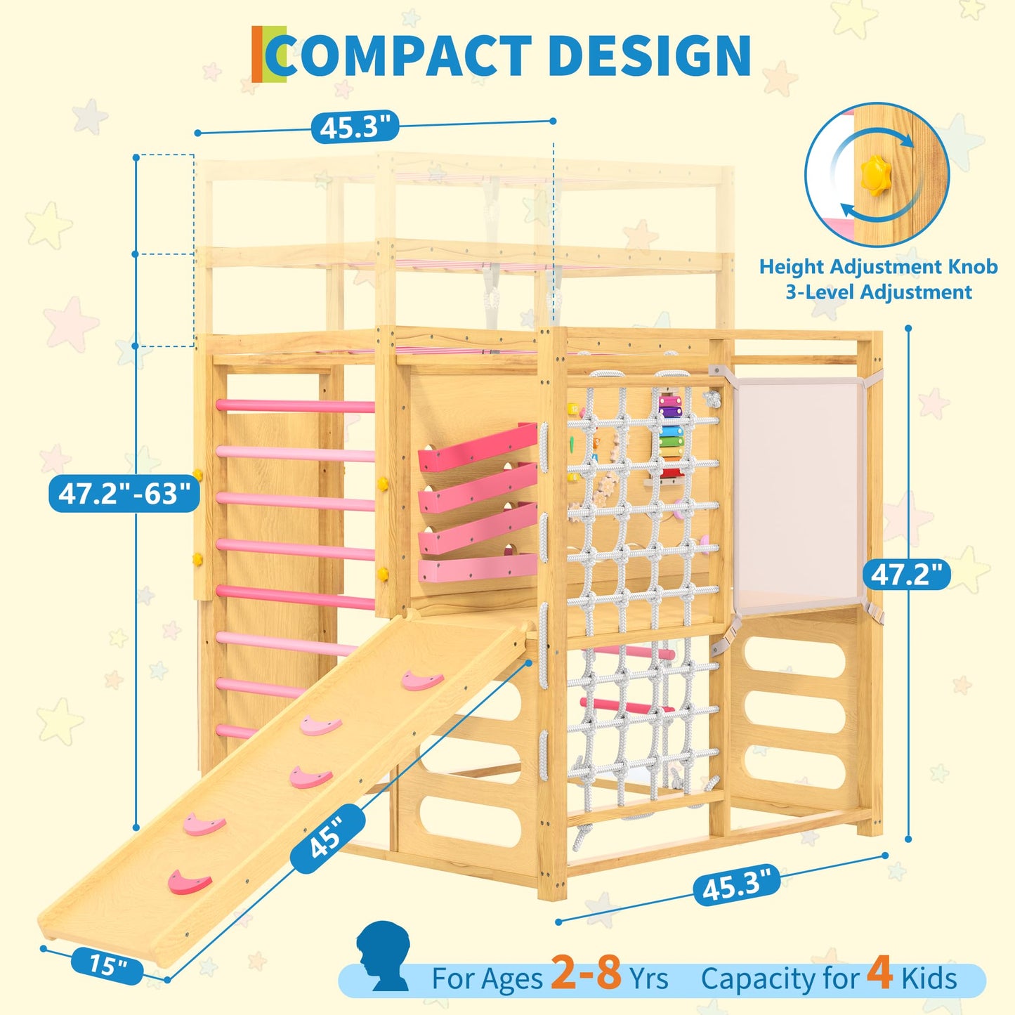 Jungle Gym with Slide, Rock Wall, Wood ＆ Rope Ladder, Monkey Bars, Gym Rings