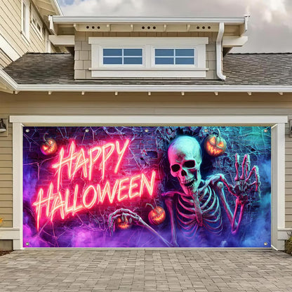 HOMETITUTE Halloween Garage Door Banner 13x6ft Neon Skeleton Decor Happy Halloween Sign Pumpkin Lantern Brick Wall Spider Web Spooky Party Decorations Creepy Backdrop Indoor Outdoor
