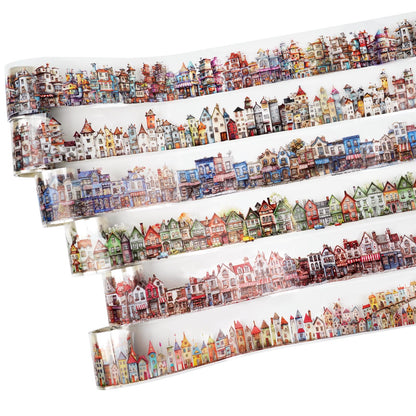 AuriicLeaf Weird House PET Tape Set with Clip, 6 Rolls of Vintage Town Stickers for Scrapbooking, Journaling, DIY Crafts, and Planners