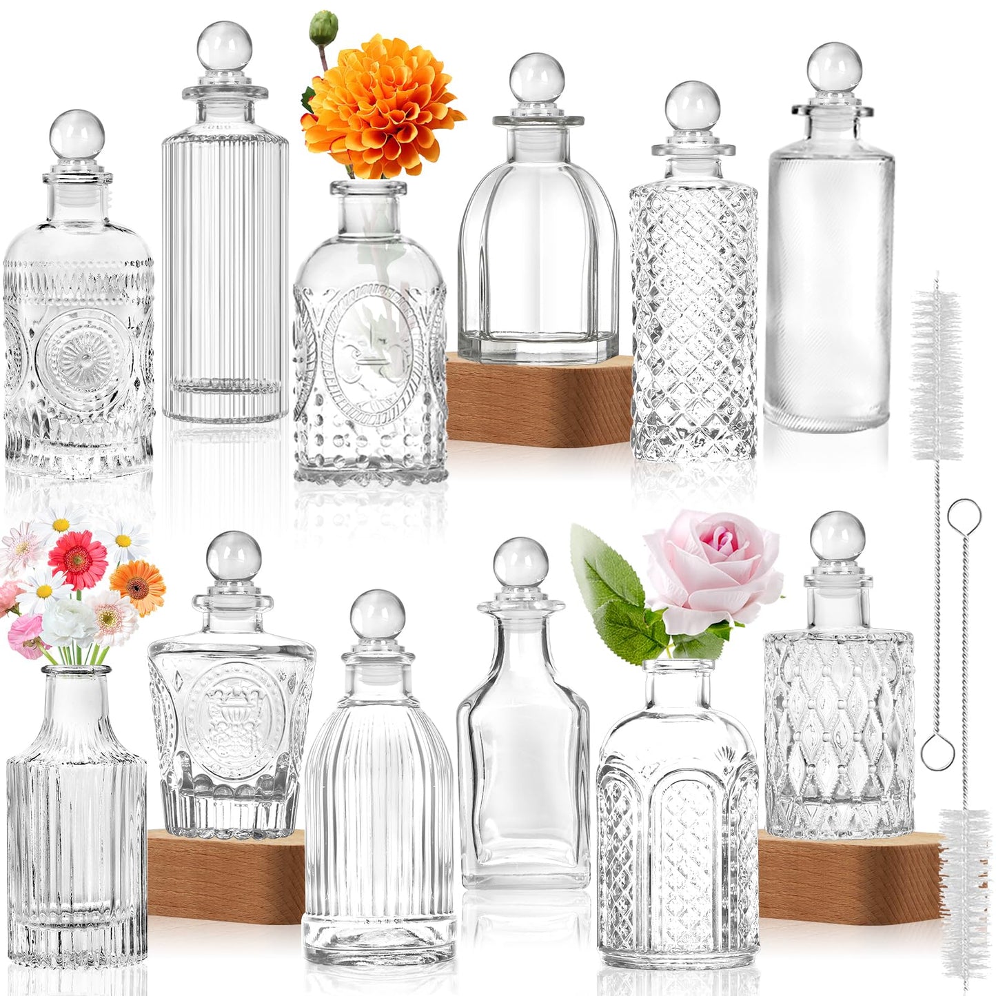Clear Glass Bottles with Lids Bud Vases in Bulk Set of 12 Mini Flower Vase for Table Decor Small Bottle for Potion,Juice, Oils, Vinegar,Whiskey,Wine, with 2 Cleaning Brush,Dishwasher Safety