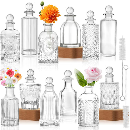 Clear Glass Bottles with Lids Bud Vases in Bulk Set of 12 Mini Flower Vase for Table Decor Small Bottle for Potion,Juice, Oils, Vinegar,Whiskey,Wine, with 2 Cleaning Brush,Dishwasher Safety