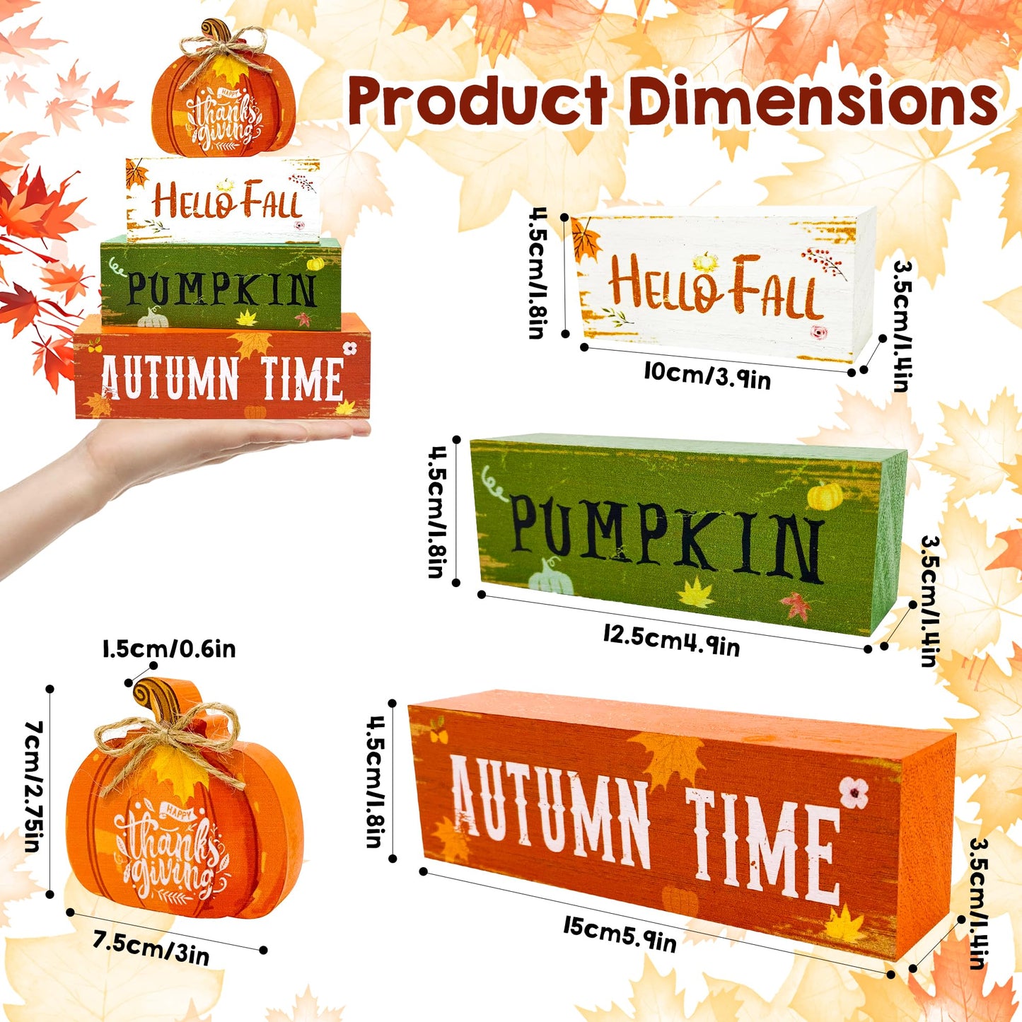 4 Pcs Fall Thanksgiving Decorations for Home,Wooden Pumpkin Signs with Sayings Hello Fall Maple Leaf Block Signs Tiered Tray Tabletop Decor Thanksgiving Decor Indoor for Office Farmhouse Home Kitchen