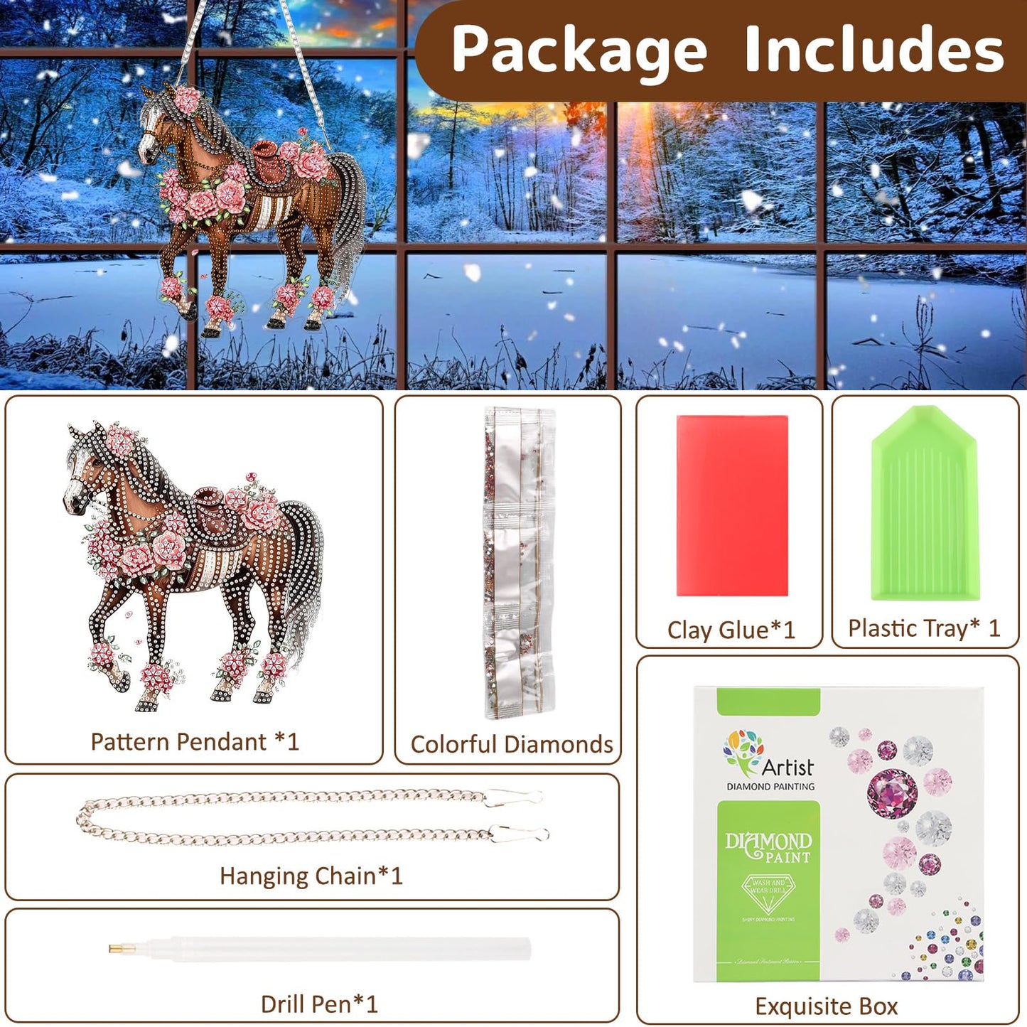 Horse Diamond Art Hanging Kits for Adults, Animal Diamond Painting Pendant Kits, DIY Acrylic 5D Special Shaped Crystal Diamonds Gem Art Painting Ornament for Home Wall Decor Gift 8x8 Inch