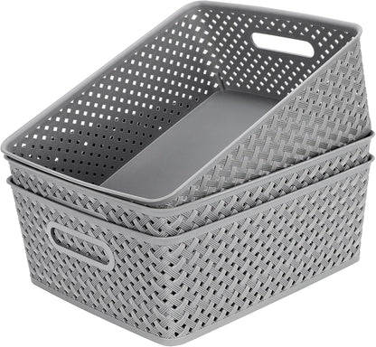 MaxGear Storage Bins - 3-Pack Plastic Organizer Baskets with Handles | Large Grey Woven Design for Home & Office
