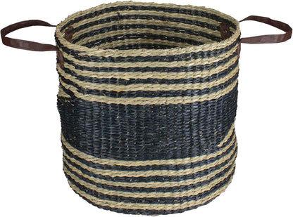 Skiennix 15" Beige & Black Woven Seagrass Basket - Stylish Storage Solution with Handles