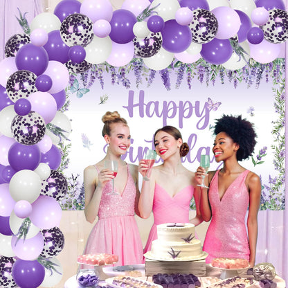 JOYMEMO Lavender Birthday Balloons Arch Kit, Purple Lavender Floral Butterfly Happy Birthday Backdrop Banner Artificial Flowers Decorations for Girls Women Bday Party Decor Supplies