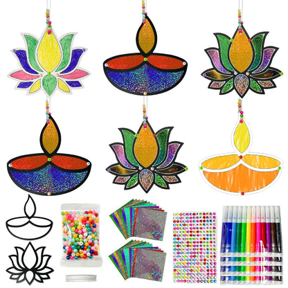 Cinrobiye 24 Set Happy Diwali Craft Kits Diwali Party Favors Foil Art DIY Lotus Flower Hanging Ornaments Festival of Lights Deepavali Paint Craft for Indian Temple Sunday Classroom Activity Supplies