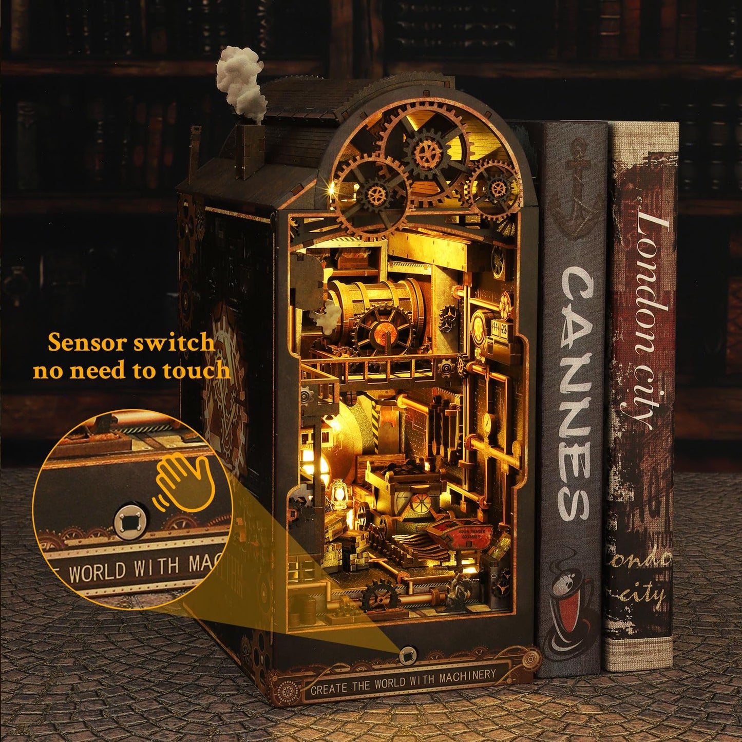 Book Nook, DIY Miniature House Kit, 3D Puzzle Wooden, LED Lights, Decor Crafts for Adults Teen Gifts(Steampunk Industria)