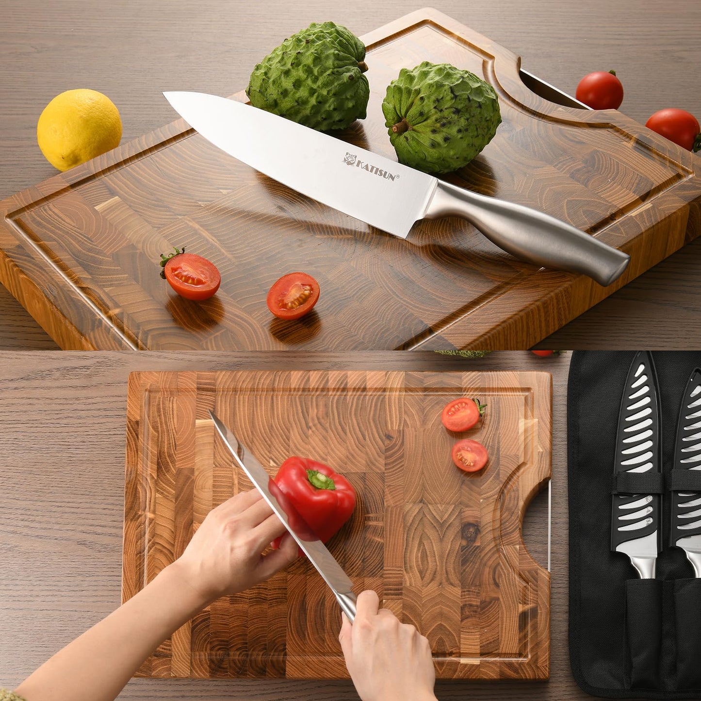 KATISUN Knife Set Roll Bag, 8 Pieces German High Carbon Stainless Steel Chef Knives with Hollow Handle, with Portable Knife Roll Storage Bag, Blade Guards, Kitchen Shears for Outdoor Camping Travel