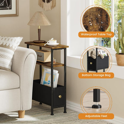 1 3-Tier Narrow Small Side Table, End Table with Fabric Drawer and Storage Shelf, Skinny Nightstand, Slim Bedside Table