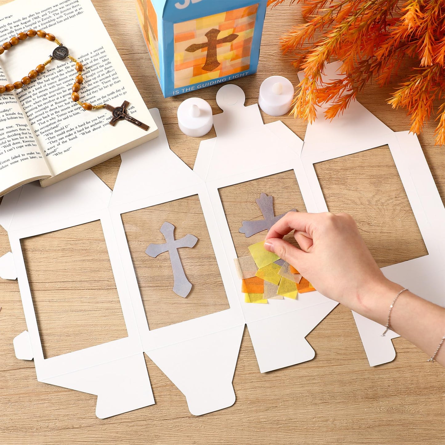 Simgoing 12 Religious Cross Lanterns Crafts with LED Candles Lights Jesus Lights The Way Sunday School Tissue Paper DIY Oil Lamp Cross Hanging Ornament Vsb Church Activity