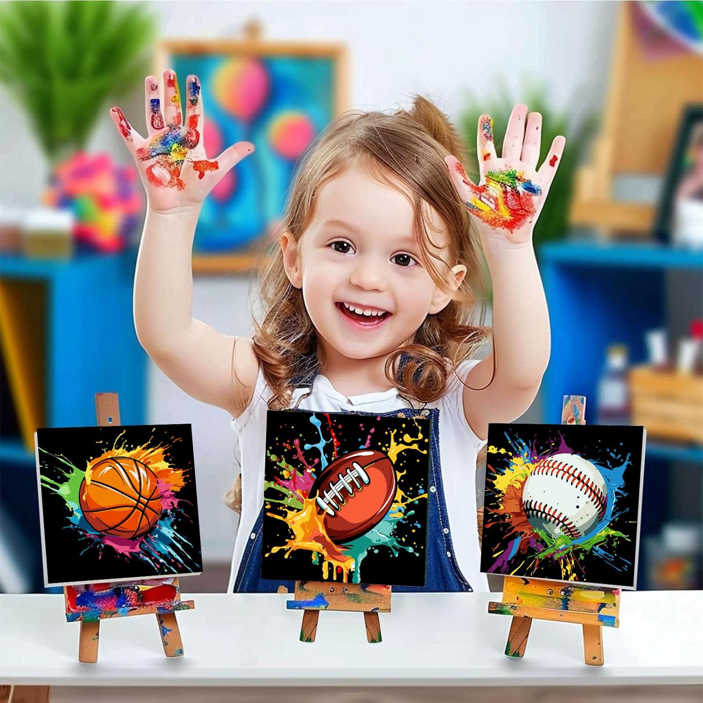 bleihum 4 Pack Paint by Numbers Kit for Kids with Frame Wooden Easel, Easy Paint by Number Kids Sports, DIY Acrylic Oil Football Painting by Numbers for Home Wall Decor 8x8 Inch