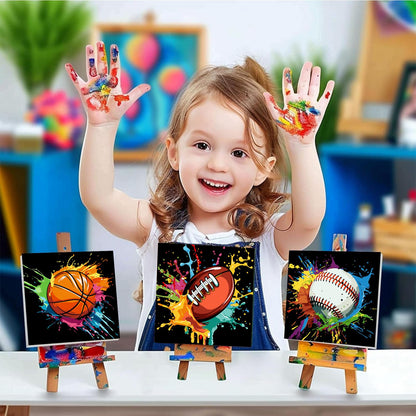 bleihum 4 Pack Paint by Numbers Kit for Kids with Frame Wooden Easel, Easy Paint by Number Kids Sports, DIY Acrylic Oil Football Painting by Numbers for Home Wall Decor 8x8 Inch