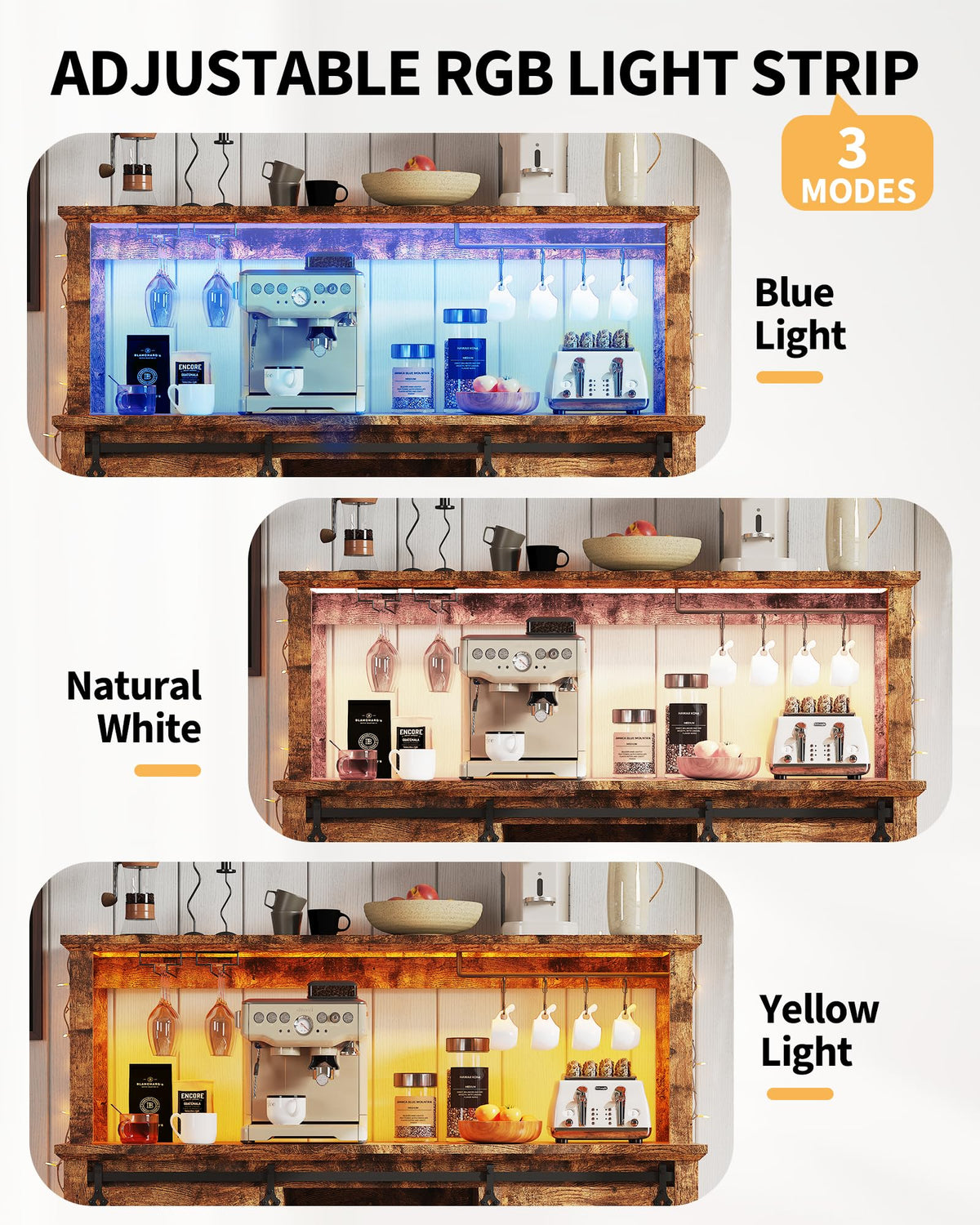 Hetoy Farmhouse Coffee Bar Cabinet 55" Tall with Sliding Barn Door, LED Light, Power Outlet – Storage Drawers, 12-Bottle Wine Rack, Ideal Coffee Hutch for Dining Room or Home Bar