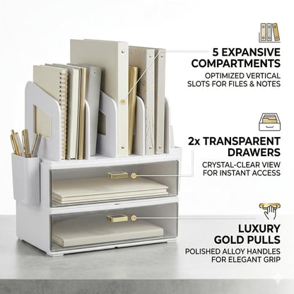 CiWiVOKi White Desk Organizer with 4 File Holder Slots, 2 Clear Drawers & Dual Pen Holders, Sturdy Multi-Functional Desktop Storage for Home Office, Mail Sorter & Caddy