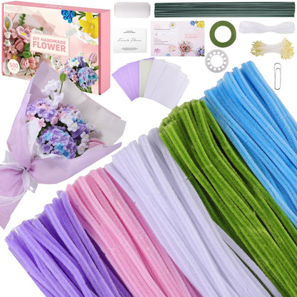 WSICSE 500Pcs Purple Pipe Cleaner Flower Kit, Pipe Cleaners Bulk Chenille Stems with Floral Wires, Gardening Tape,Stamen& Ribbon, Wrapping Paper (5 Colors)