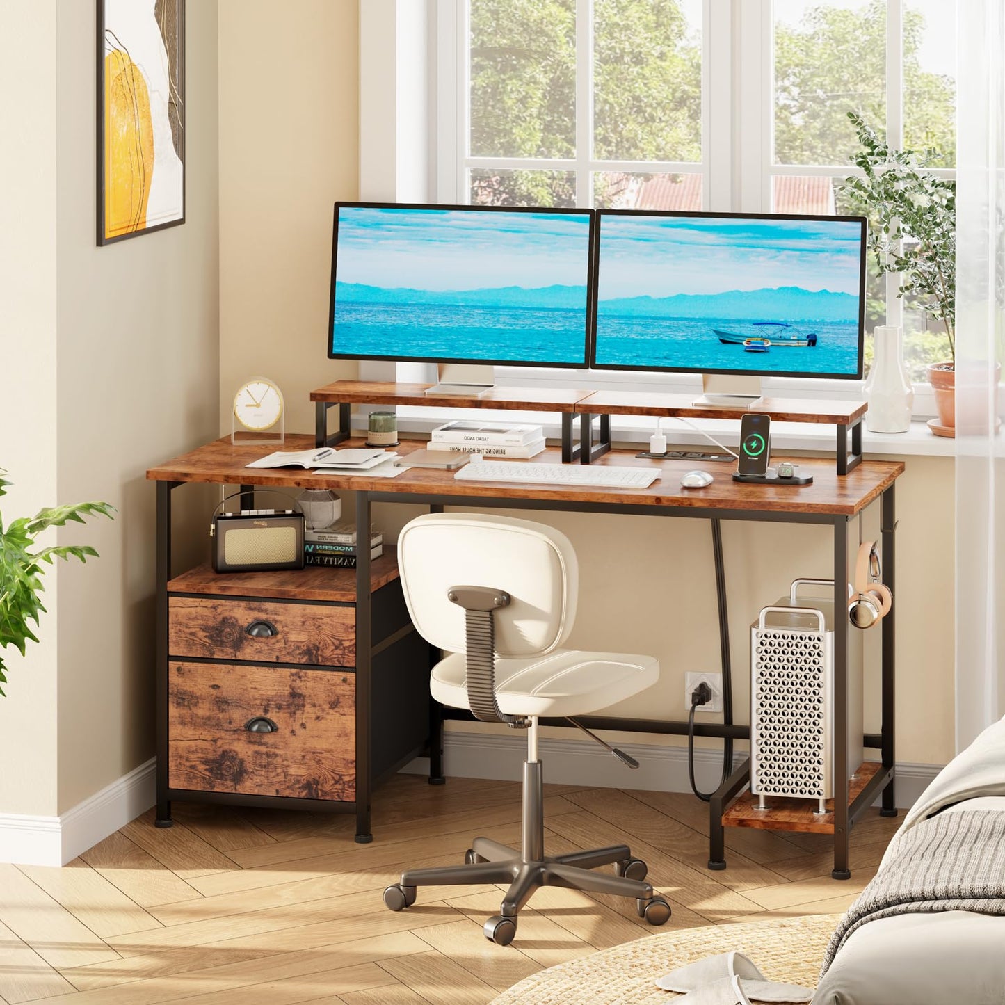 Furologee 47" Computer Desk with File Cabinet and Power Outlets, Home Office Desk with 2 Monitor Stands and Storage Drawer, Writing Gaming Table with Shelves and 2 Hooks for Bedroom, Rustic Brown