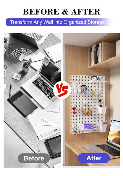Skwelom Pegboard Wall Organizer Set – 4 Peg Boards with Hooks & Shelves – Office, Kitchen, Gaming Room Desk Pegboard Storage – Peg Board Wall Display Rack (White)
