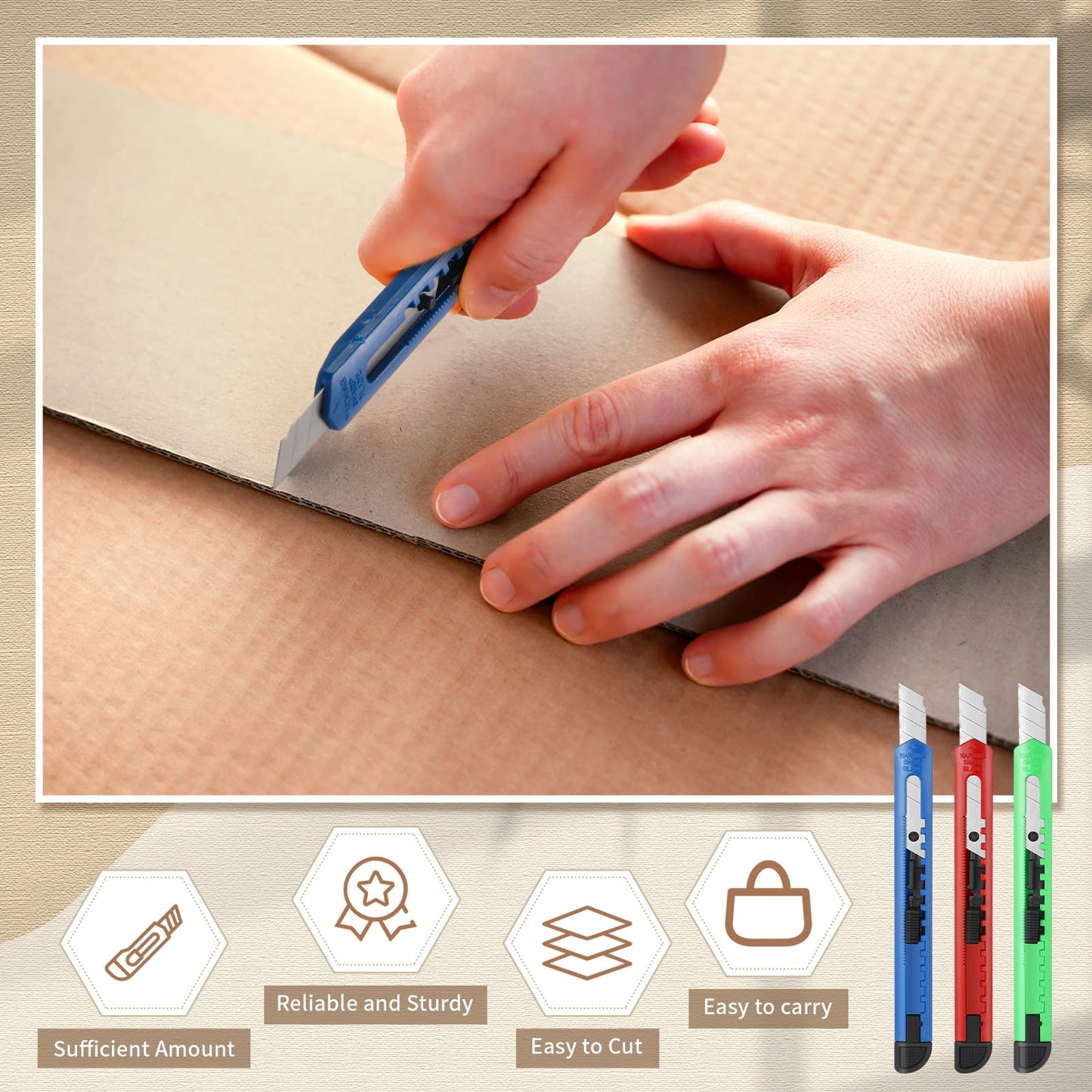 Lasnten 200 Pcs Box Cutter Utility Knife Small Retractable 9mm Wide Snap off Blade Knife Plastic Compact Box Opener with Sliding Lock Tools for Home Office Arts Crafts, 3 Colors