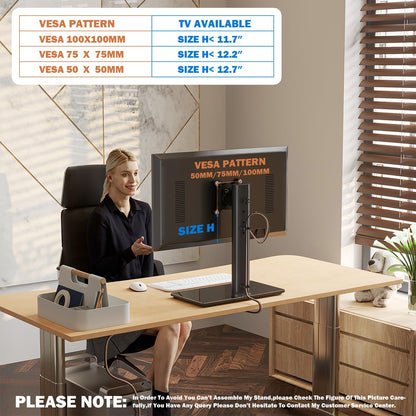 Single LCD Computer Monitor Free-Standing Desk Stand Mount Riser for 13 inch to 32 inch screen with Swivel, Height Adjustable, Rotation, Vesa Base Stand Holds One (1) Screen up to 77Lbs(HT05B-001))