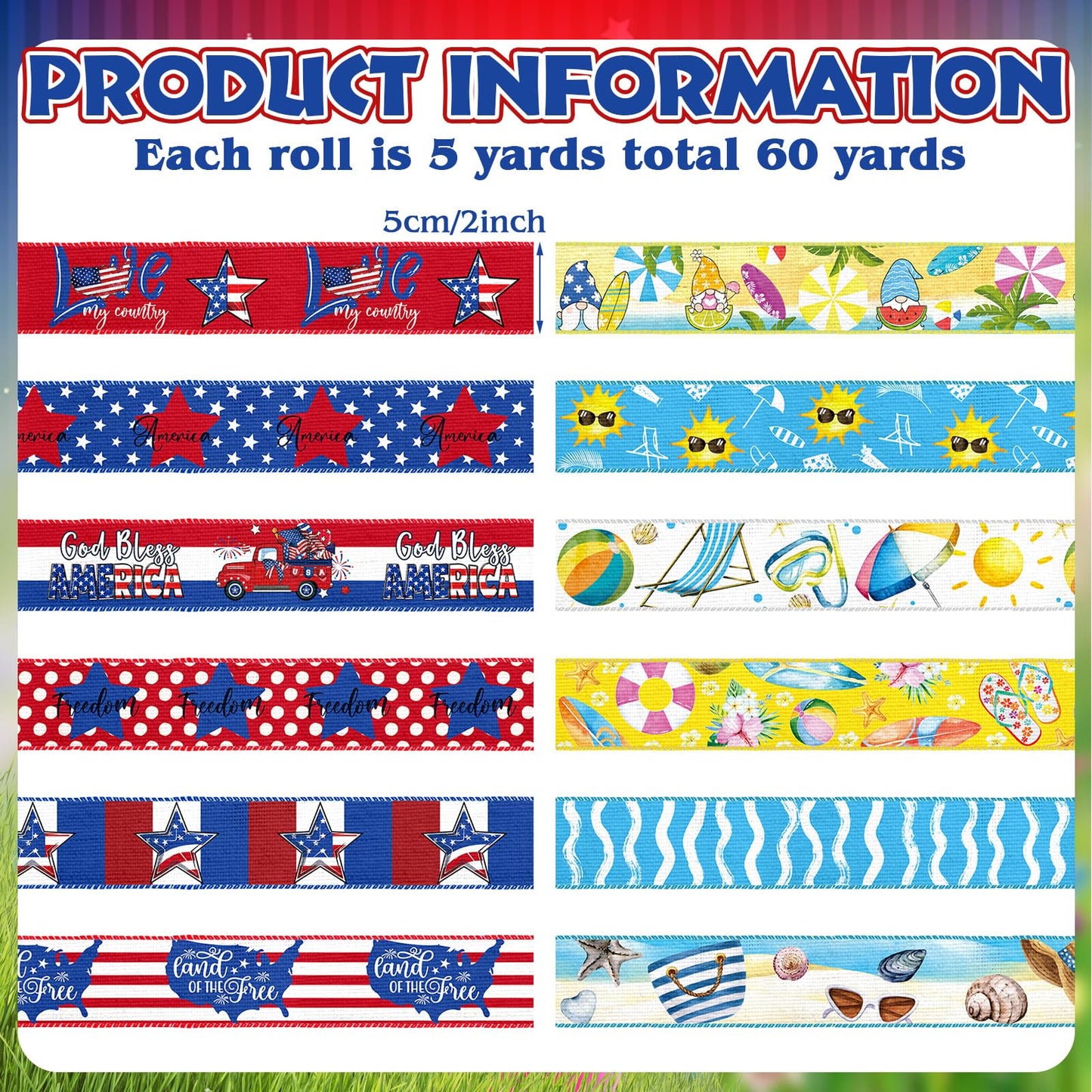 Vincreem 12 Rolls Memorial Day Summer Wired Edge Ribbon for Wreaths 2 Inch x 60 Yards Red White and Blue Star Print Grosgrain Ribbon Summer Crafts for Memorial Day Party Supplies 12 Styles