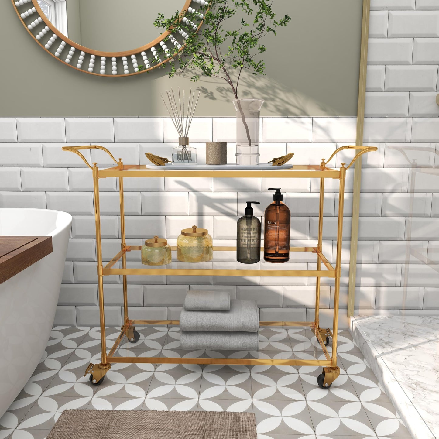 Deco 79 Metal Rolling 3 Glass Shelves Bar Cart with Lockable Wheels, 38" x 14" x 31", Brass