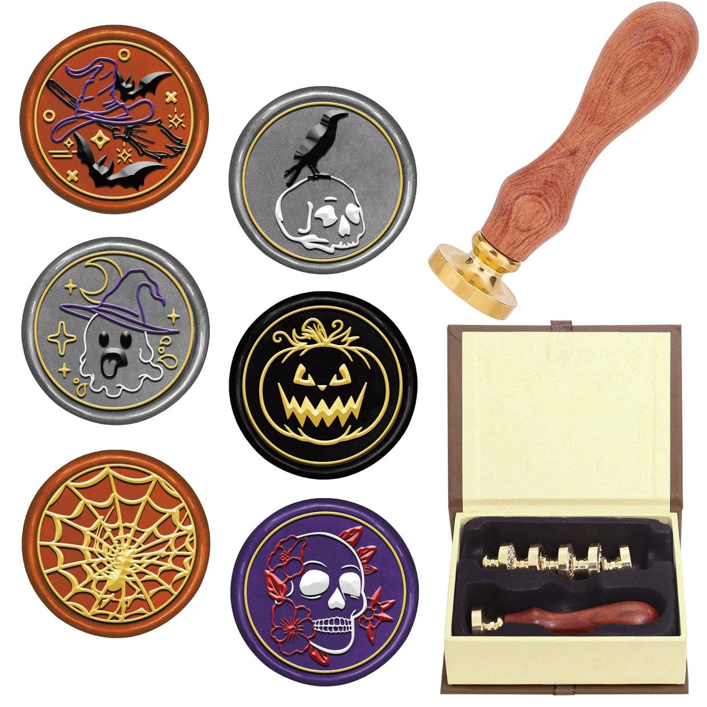 CRASPIRE Halloween Wax Seal Stamp Set 6Pcs Brass Sealing Stamp Heads Wood Handle Removable Kit Crow Witch Skull Spider Web Pumpkin Bat Skeleton Ghost for Party Envelope Invitation DIY Craft Gift Wrap