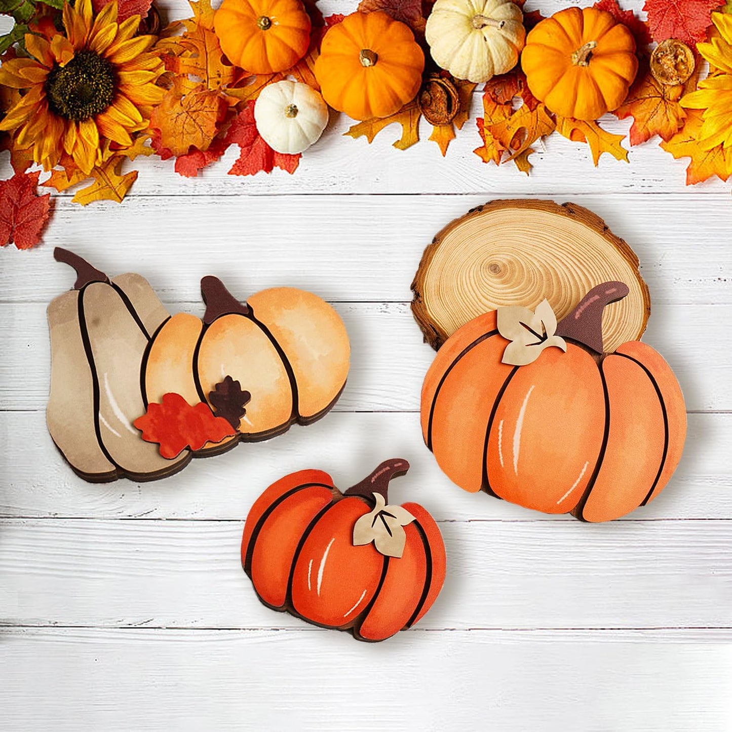 3PCS Wooden Pumpkin Fall Decor- Double Side Fall Pumpkin Decorations for Home Thanksgiving Table Centerpieces for Home, Office, Mantel and Shelf Autumn Decorations (D3)