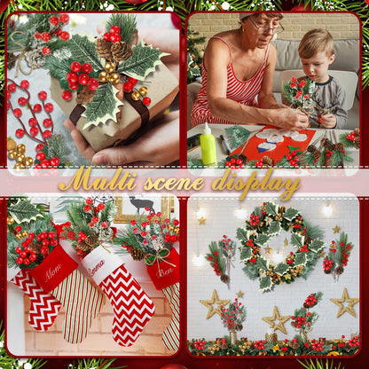 Riceshoot 42 Pcs Christmas Picks with Pine Cones Holly Berry Artificial Red Berries Stems Pine Branches Small Christmas Berry Picks for Crafts Wreath Garland Decoration