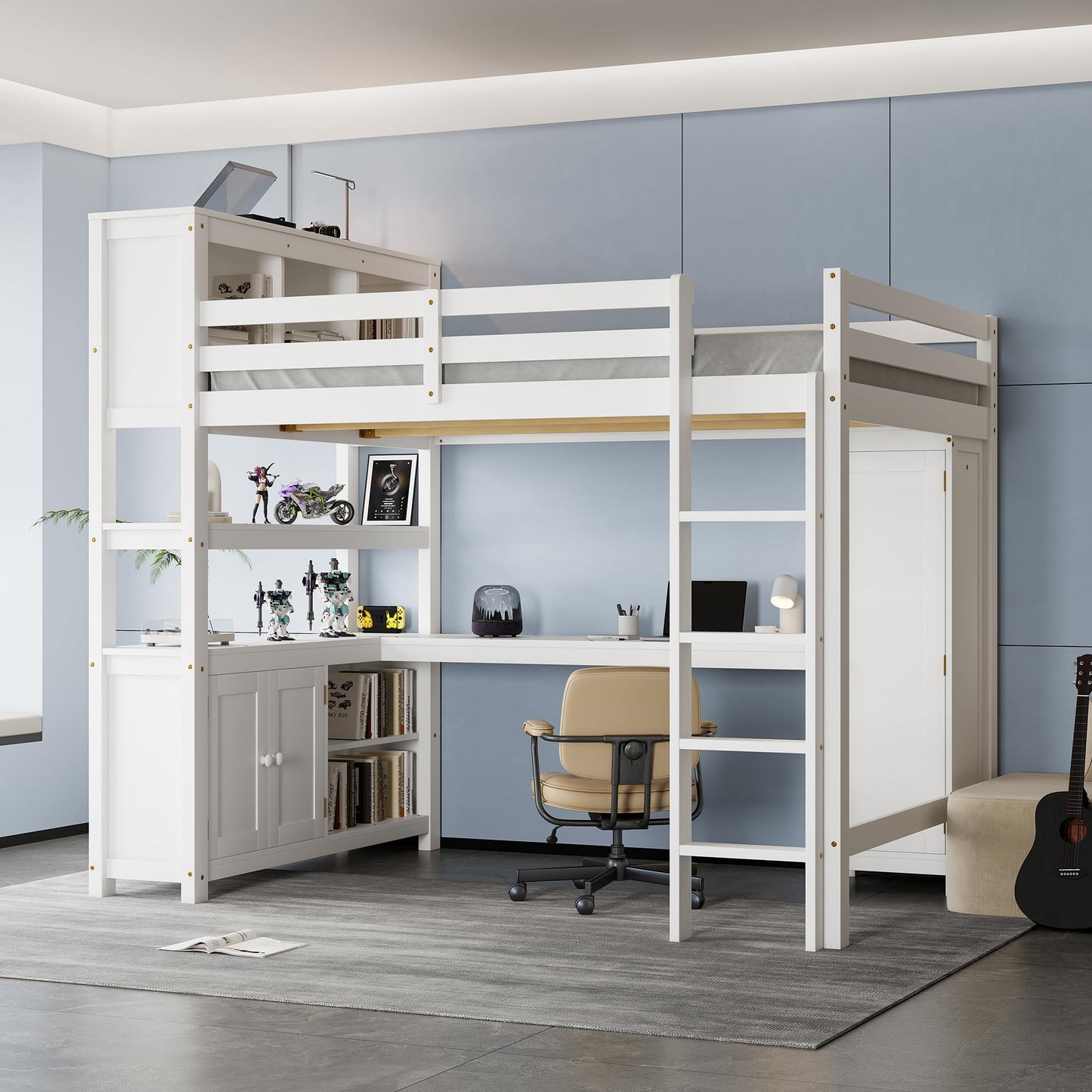 Bellemave Solid Wood Queen Size Loft Bed with Desk and Wardrobe,Loft Bed Frame with Storage Shelves and Bookcase for Kids,Teens,Adults,Queen Size,Space Saving,White