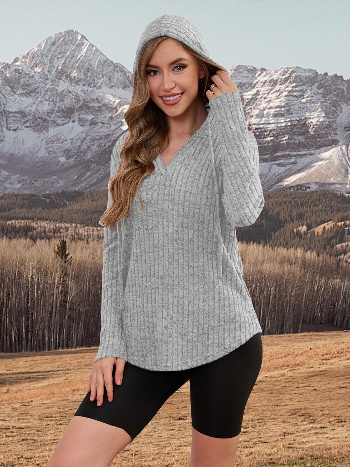 Lylinan Womens Cozy Knit Sweaters Hoodies Ribbed V Neck Pullover Sweatshirts for Fall Outfits S-XXL