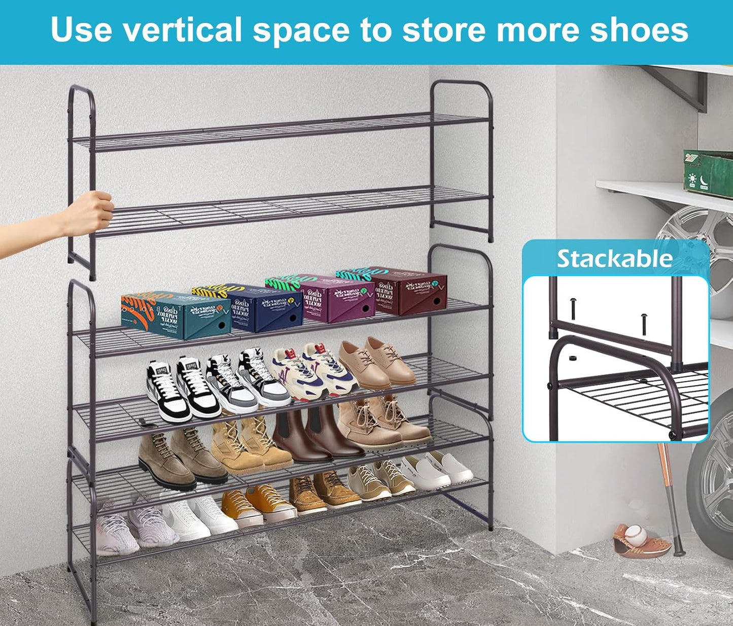 KEETDY 2-Tier Long Shoe Rack for Closet, Entryway Shoe Organizer for 18 Pairs, Metal Stackable Storage Shelf (Bronze)