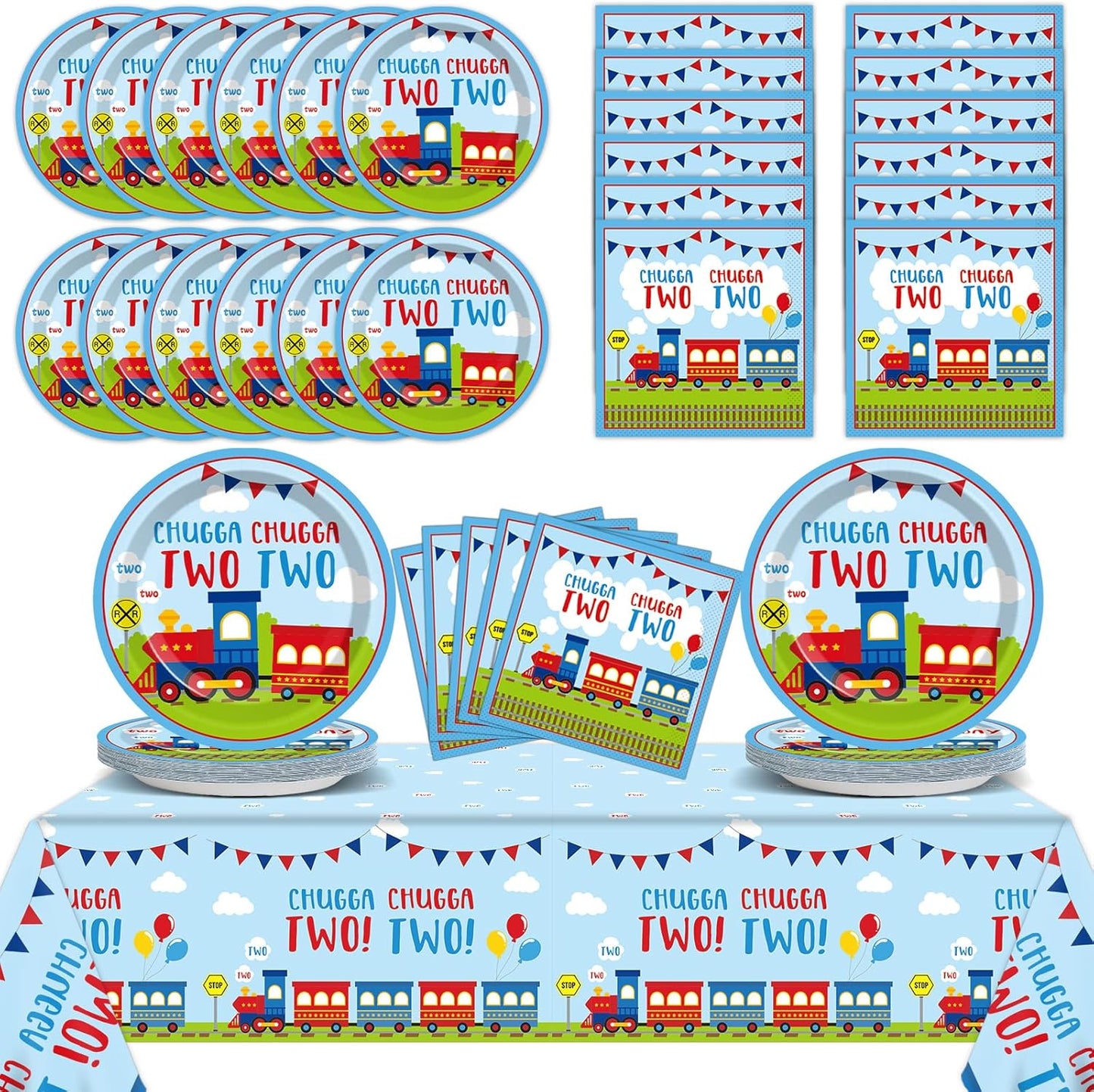 24 Set 2nd Qyeahkj Guests Chugga Chugga Two Two Birthday Party Paper Plates Napkins Tablecloth Supplies Train