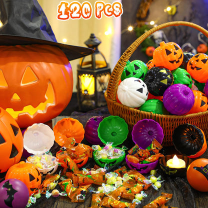 Lallisa 120 Pcs Halloween Pumpkin Containers Plastic Storage Box Case Bulk, Mini Pumpkin Egg Candy Gift Bucket for Halloween Trick Treat Decoration Party Supplies(Black, Orange, White, Purple, Green)