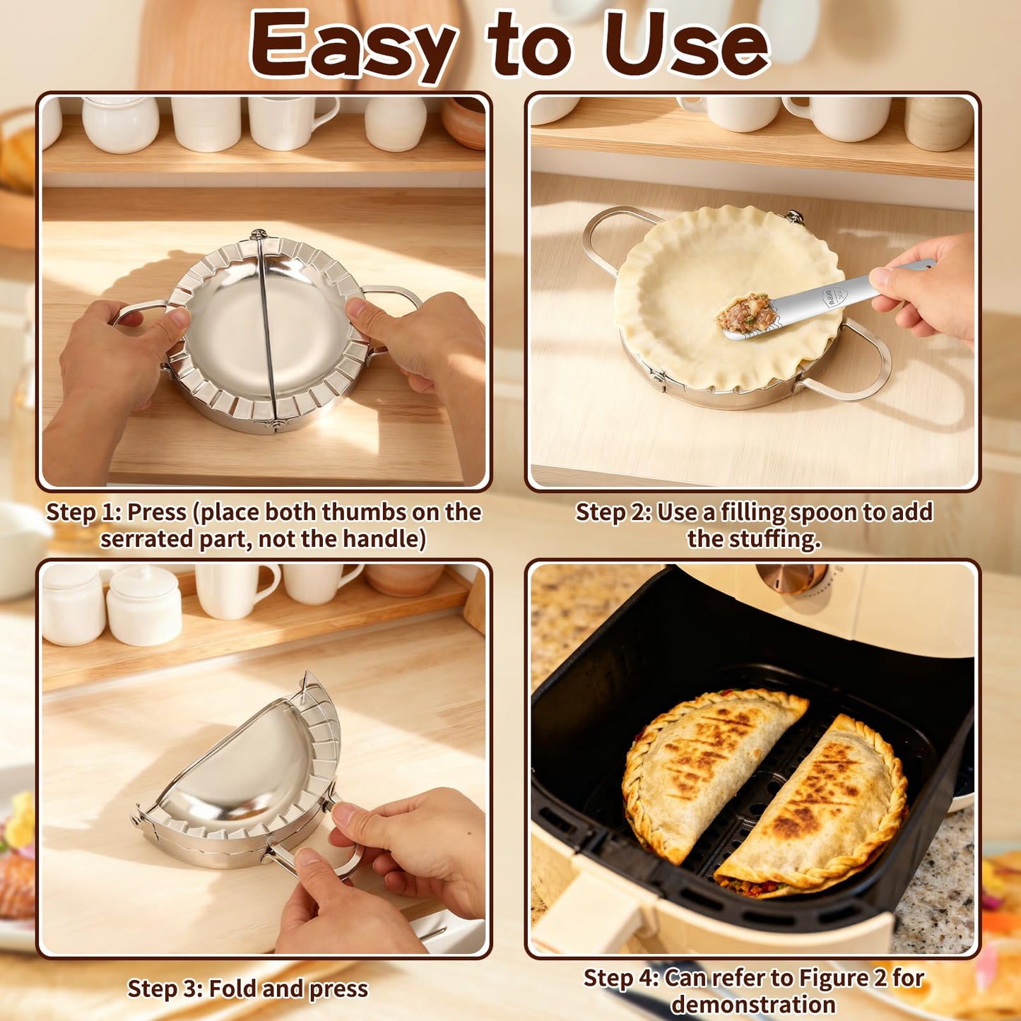 Empanada Maker Press, 6 Inch and 3.7 Inch Stainless Steel Tortilla Crimper Sealer with 1 Wonton Wrappers Tool, 2-in-1 Dough Cutter & Mold for Empanadas, Dumplings, Ravioli, Pierogi, Hand Pies