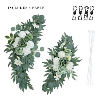 Udoula Artificial Sage Green Wedding Arch Flowers Swags Set of 2 for Welcome Signs, Reception and Ceremony Decorations - White Floral Decor